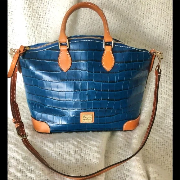 Dooney & Bourke Navy Croc Embossed Satchel with Tan Trim - Picture 3 of 16